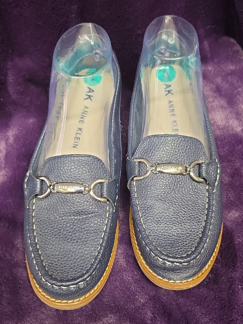 Anne Klein Navy Leather Bit Loafers with Tan Trim